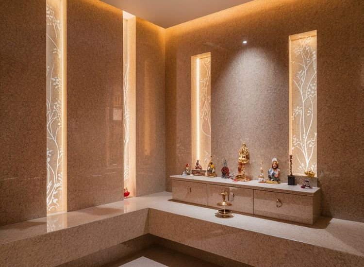 Granite panel in a pooja unit, beautifully illuminated with accent lighting that highlights its rich textures and adds a warm, inviting glow.