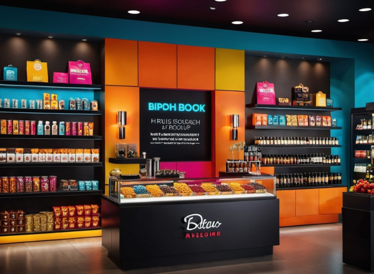 Modern store with vibrant bold colors, featuring recessed and spotlighting to emphasize core products and create a dynamic visual experience.