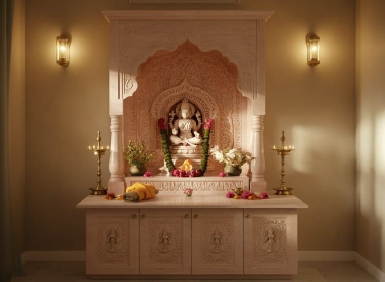 Elegant pooja unit with a limestone back panel, showcasing a natural texture and timeless design, creating a serene and sophisticated backdrop.