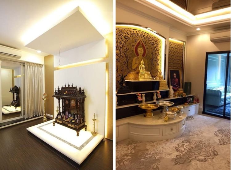 Traditional pooja unit and modern luxurious pooja room, both adorned with superb interior lighting to enhance their elegant design.