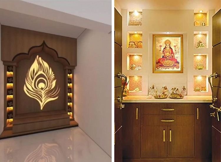 Two distinct pooja rooms featuring different units, color schemes, and textures, each providing an elegant glow through thoughtful design.