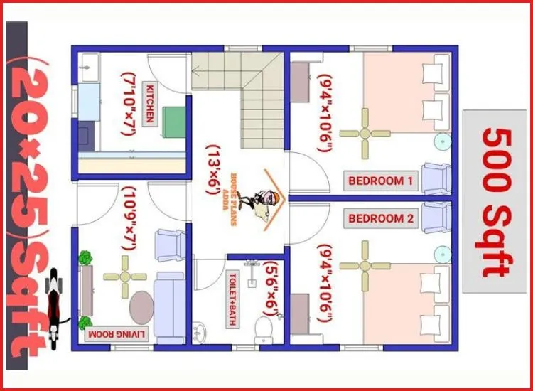 5. 2BHK House Floor Plan For Small Plot size Optimize small plots with a 2BHK house plan under 500 sq ft, featuring smart layouts, space-saving designs, and functional interiors.