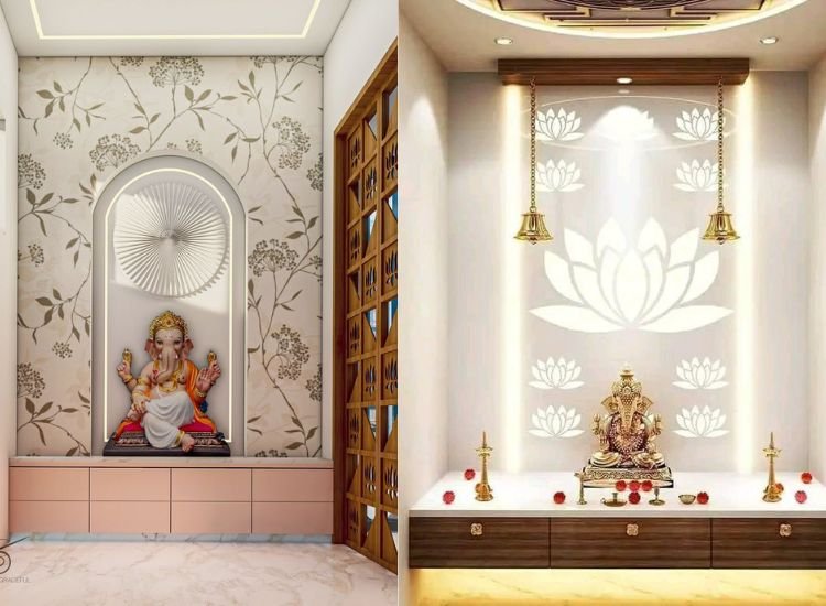 Ganpati Bappa pooja room unit with a lotus-carved back panel, illuminated with impressive lighting for a divine ambiance