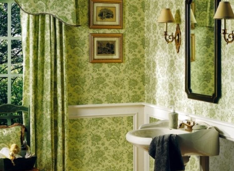 Green moisture-resistant bathroom wallpaper.