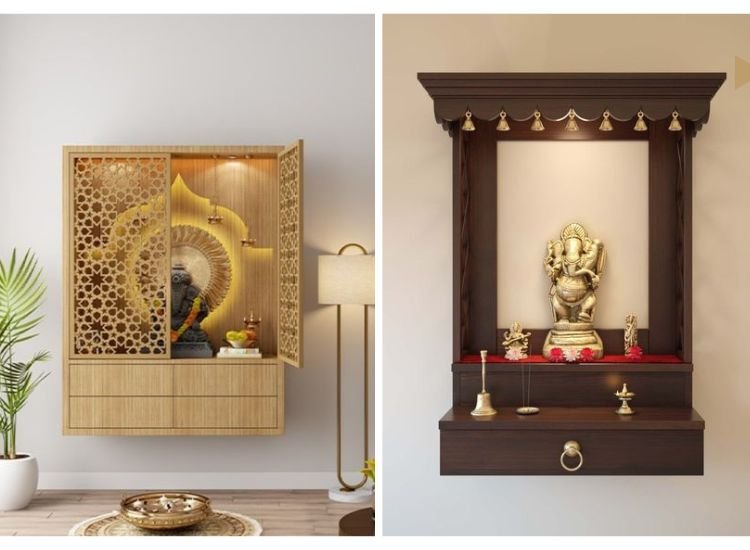 Wall-mounted traditional pooja units, featuring one with an intricate jali panel for a classic and elegant touch.