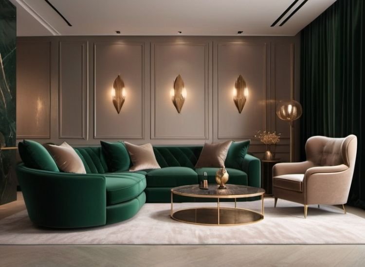 A luxurious living room with a green velvet sofa and a chair enhancing the overall room's visual interest and adding depth to the space