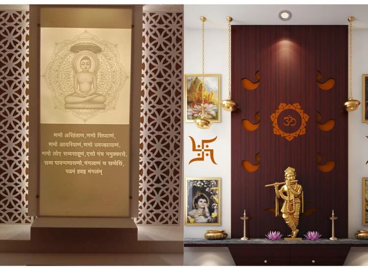 Wood-carved OM and diyas, with Namokar Mantra backlit pooja unit panel, creating a serene and spiritual atmosphere with elegant lighting.