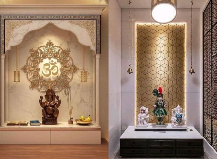 Ganpati Bappa and Shri Ram pooja unit with a marble-decorated back panel, featuring an OM carved elegant panel and bells for a divine touch.