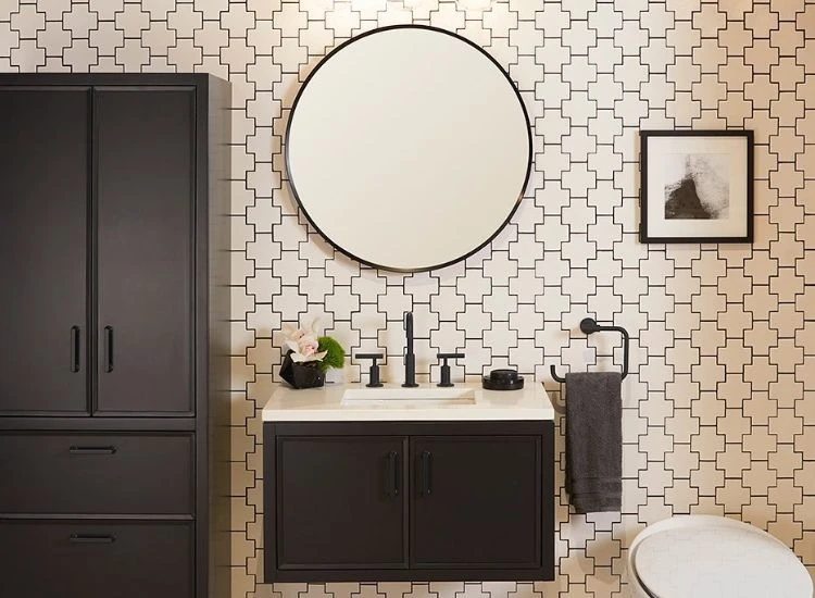 7. Geometric patterned bathroom wallpaper Geometric patterned bathroom wallpaper.