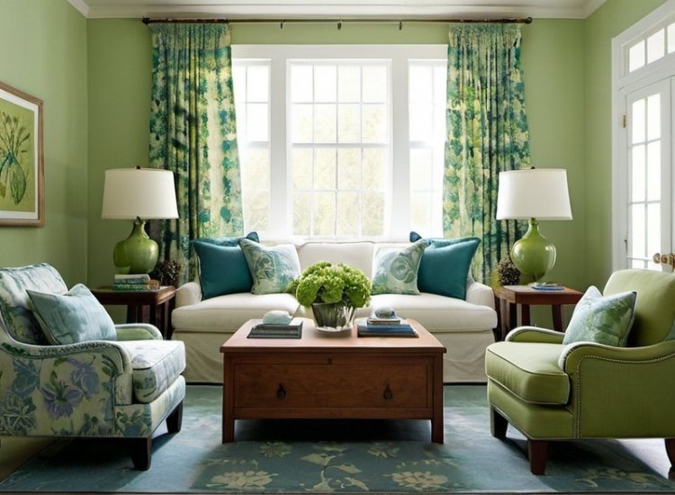 Living room featuring a color scheme of blues and greens, with the hues seamlessly spread across curtains, sofa cushions, and other decor elements.