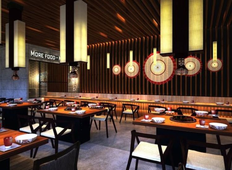 7. Restaurant with wooden interior design and lighting