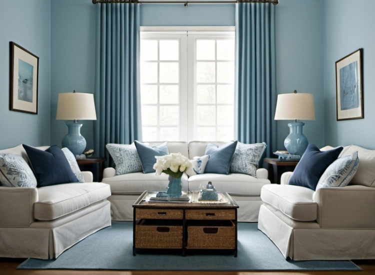 Living room bathed in blue shades, perfectly balanced with two lamps and sofa chairs, creating a harmonious rhythm and inviting ambiance.