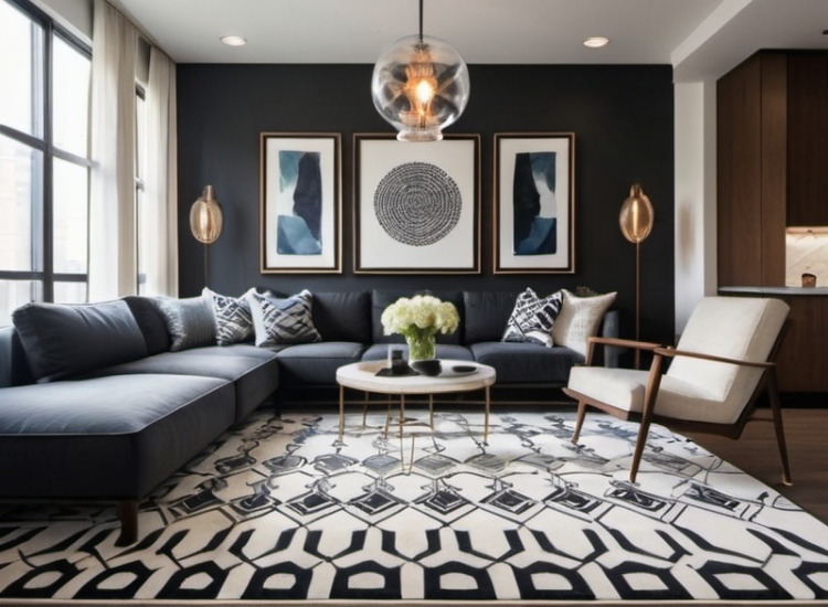 Living room with a patterned carpet, matching wall art and sofa cushions, and a dark-colored sofa, creating a cohesive rhythm and visual flow.