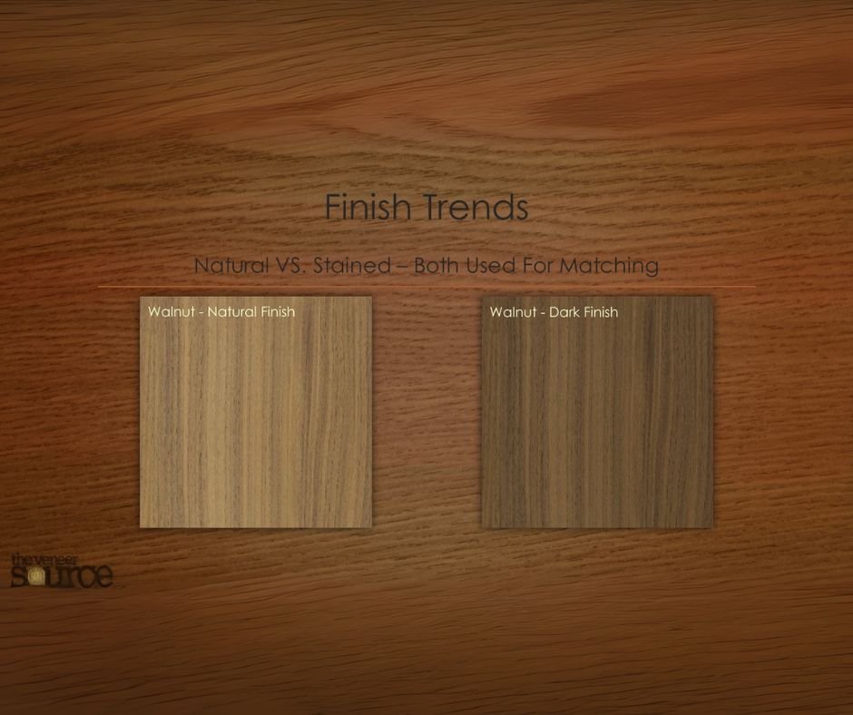 Veneer 1 Comparison of natural and stained veneer finish featuring natural walnut finish and dark walnut finish