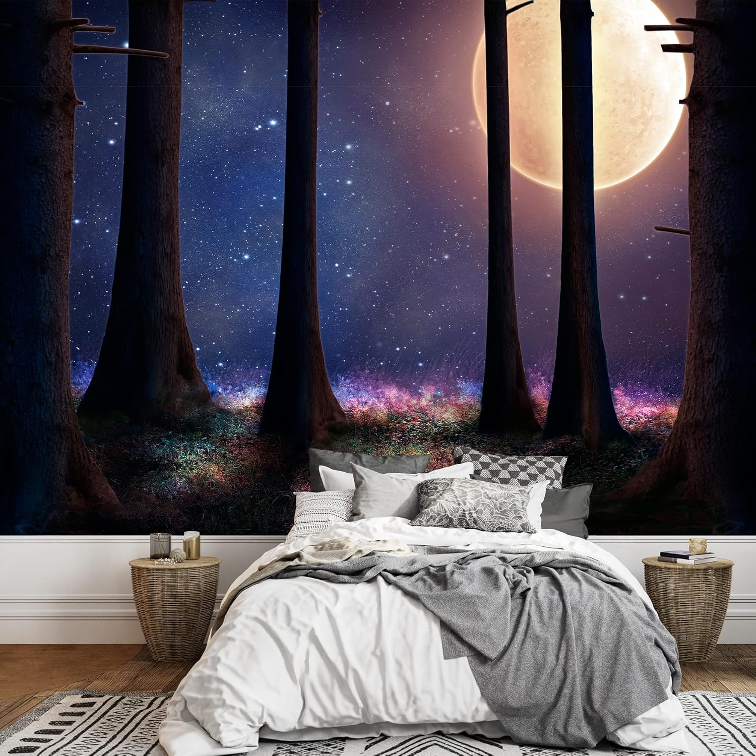 Tall Trees of a Forest Illuminated with a Big Full Moon - Wall Mural