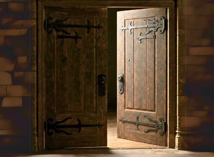 10. Hinged Door Traditional hinged wooden door design offering versatility and timeless appeal, perfect for a variety of house door types.