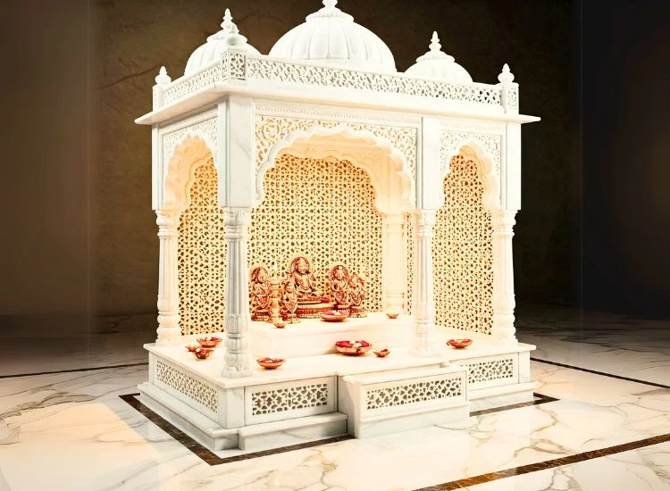 13. Marble Jali Work Mandir Delicate marble pooja mandir with intricate jali work, adding a traditional charm to your marble home mandir.