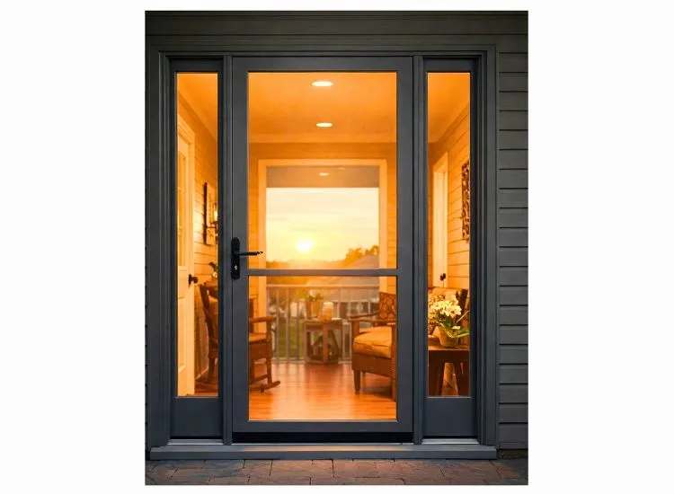 13. Storm Door Durable storm door design in wood, offering enhanced protection and stylish appeal for house door types in varying weather conditions.