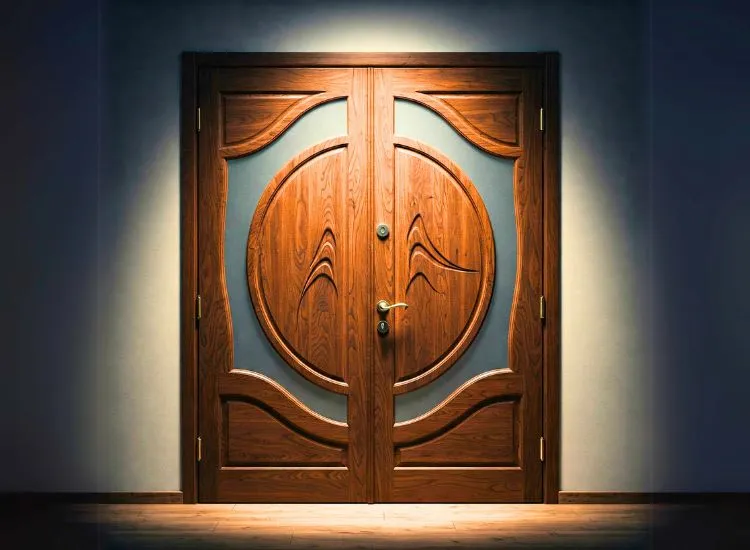 14. Wood Design Door Elegant wood design doors featuring intricate carvings and textures, perfect for enhancing house door designs with natural beauty.