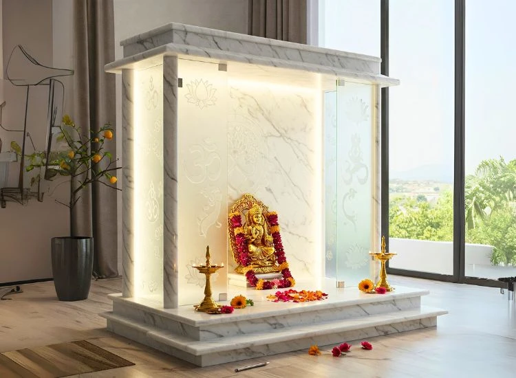18. Marble Mandir With Etched Glass Panels Refined marble mandir design with etched glass panels, blending tradition and modern marble home mandir style.