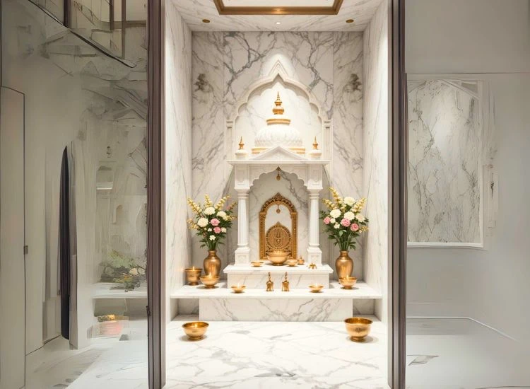 20. Marble Pooja Unit With Swarovski Crystals Gleaming marble pooja room design embellished with Swarovski crystals, adding sparkle to your marble temple design.