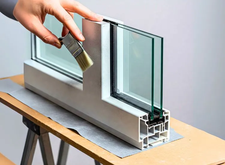 21. Glaze And Coating Of Window Close-up of window frames showcasing coating and glazing techniques, enhancing durability and aesthetic appeal with sleek, modern finishes.