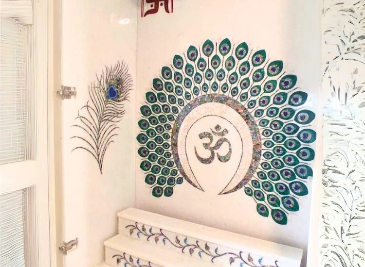 21. MOP Inlay Marble Mandir Stunning marble mandir design featuring mother-of-pearl (MOP) inlay, a unique highlight for your marble home temple.