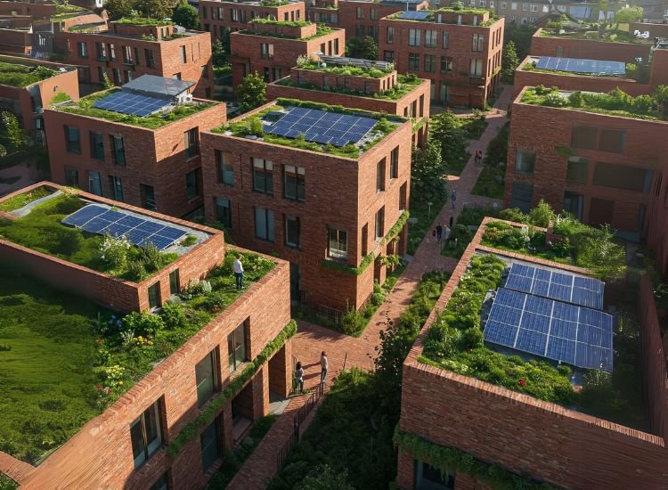 24. Brick Masonry Climate Resilient Brick masonry used in climate-resilient city construction, showcasing its ability to withstand extreme weather and contribute to sustainable, energy-efficient buildings.