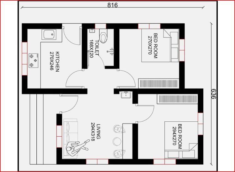 3. 2BHK House Plan in 500sqft Compact 2BHK house plan for small plots with smart layout ideas