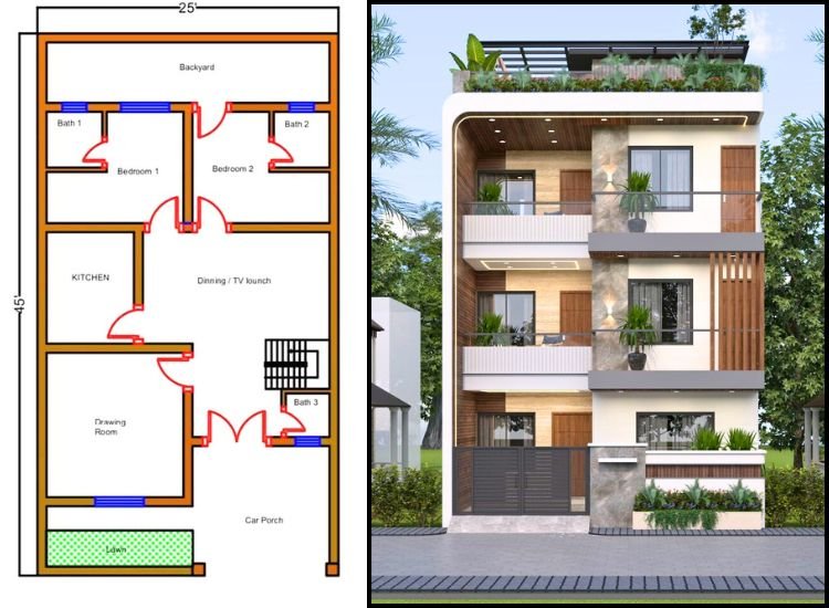 4.1. Hose Plan 25x45 1 Smart 2bhk home plan with space-saving layout for a 25x45 house design