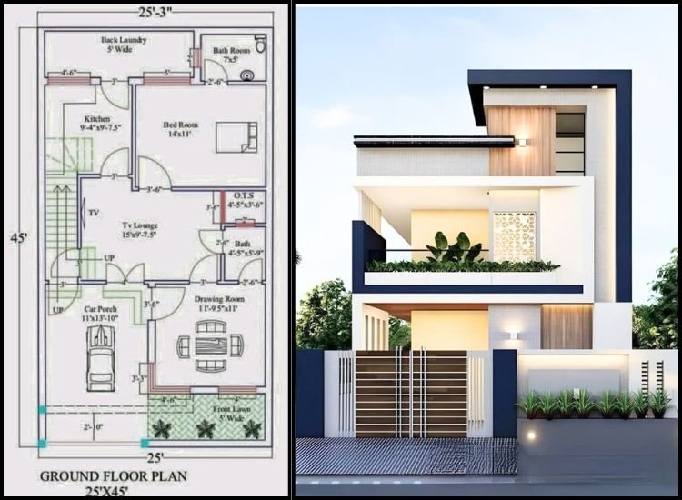 4.2. Vastu 25x45 East Facing East-facing 25x45 vastu 2bhk home plan with balanced room layout and natural light entry