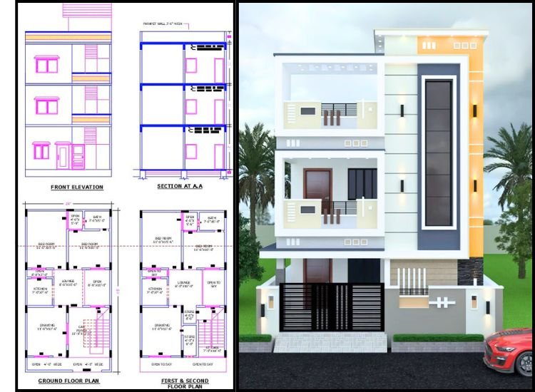 4.3. 25x35 Duplex House Plan East-facing 25x45 2bhk home plan in duplex style with smart layout design
