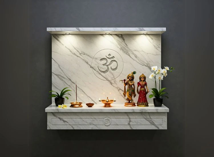 5. Minimalistic Marble Pooja Unit 1 Sleek marble pooja unit design with a minimal layout, perfect for modern marble temple design aesthetics.