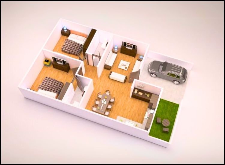 7. 2BHK Plan In 3D Explore 2BHK house plans in PDF or 3D format, perfect for designing your dream home layout.