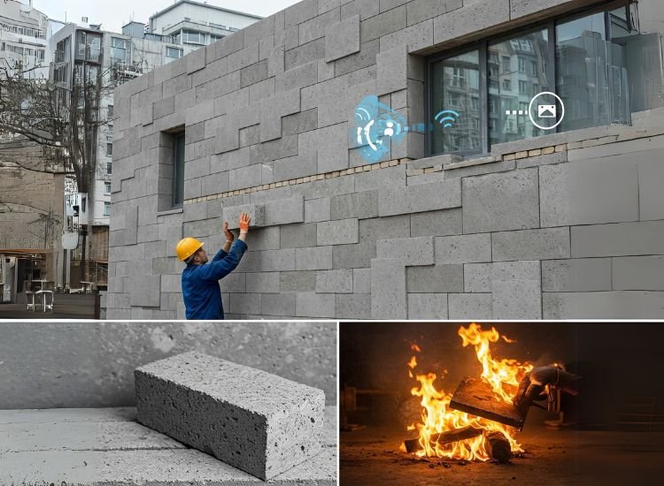 7. Concrete Bricks A sleek wall of concrete bricks, showcasing their aesthetic appeal and superior soundproofing qualities for modern masonry construction.
