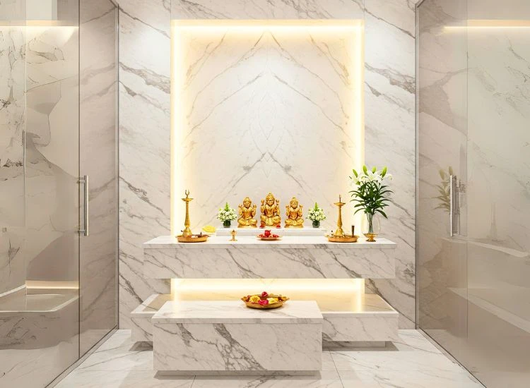 7. Contemporary Marble Pooja Room Chic marble pooja room design with sleek lines and soft lighting for a stylish marble home mandir vibe.