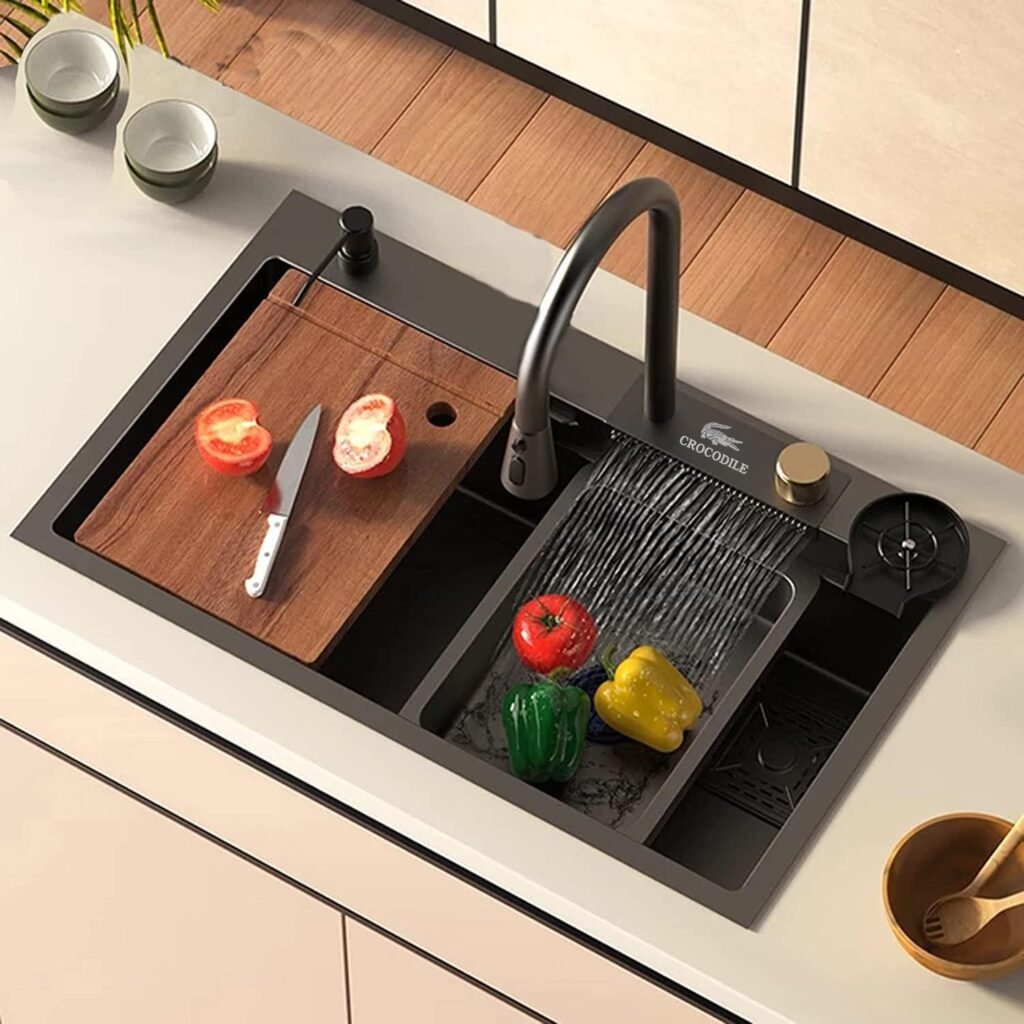 CROCODILE Kitchen Sink with ANTI SCRATCH HONEYCOMB DESIGN Integrated Waterfall