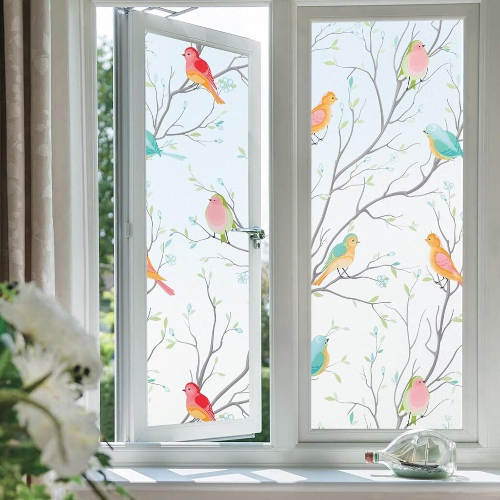 Coavas Privacy Window Film Stained Glass Window Decals Heat Blocking Frosted Birds Window Clings