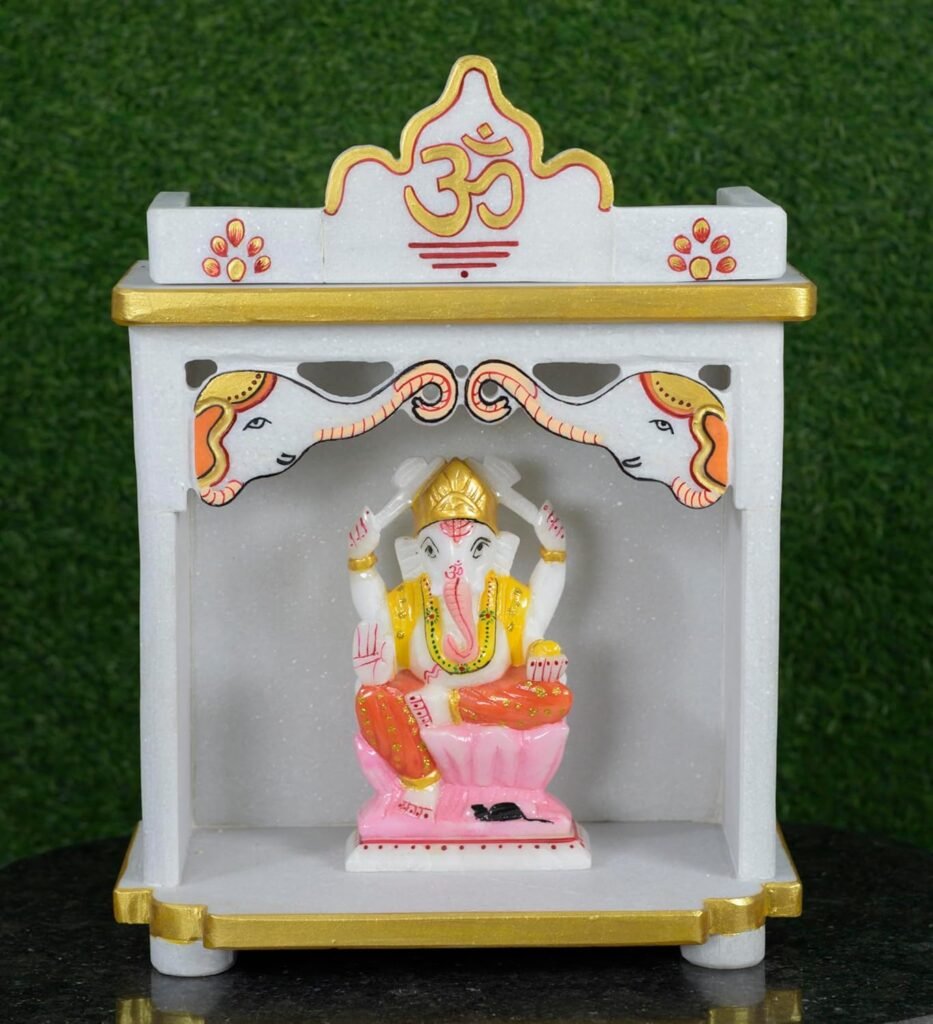 OBRAWAL Mini Temple | White Marble | Hand Painted | Home and Office Mandir