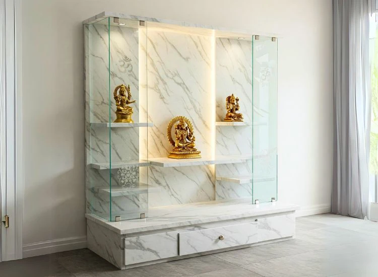 9. Marble Mandir With Glass Panels Modern marble home temple with glass side panels, merging elegance with a clean marble unit design.