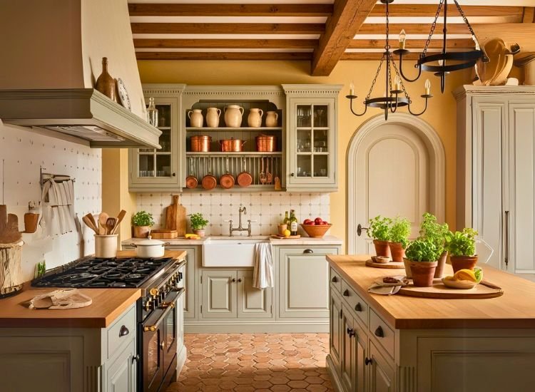 French Country Kitchen Style Elegant French country kitchen design showcasing classic kitchen design style blended with modular kitchen design and modern touches.