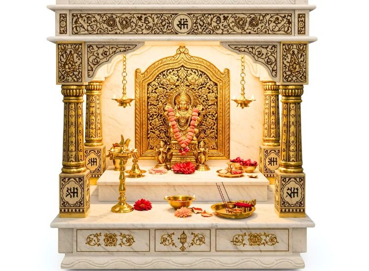 Marble Mandir With Brass Accents Graceful marble mandir design adorned with brass bells and décor, a timeless marble pooja mandir style.