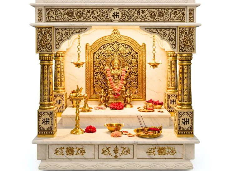 Marble Mandir With Brass Accents Graceful marble mandir design adorned with brass bells and décor, a timeless marble pooja mandir style.
