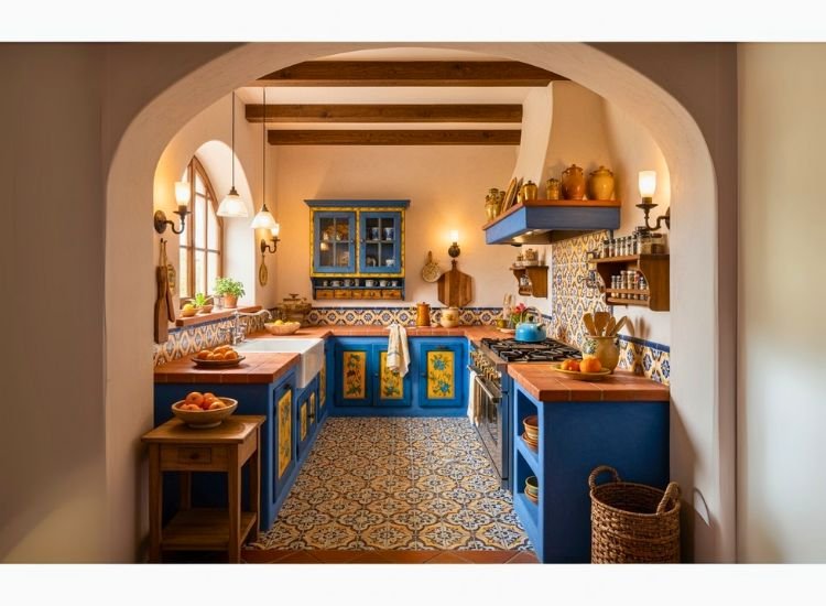 Mediterranean Kitchen Style "Vibrant Mediterranean kitchen design idea featuring colorful accents and a unique kitchen design style with modern modular kitchen design."