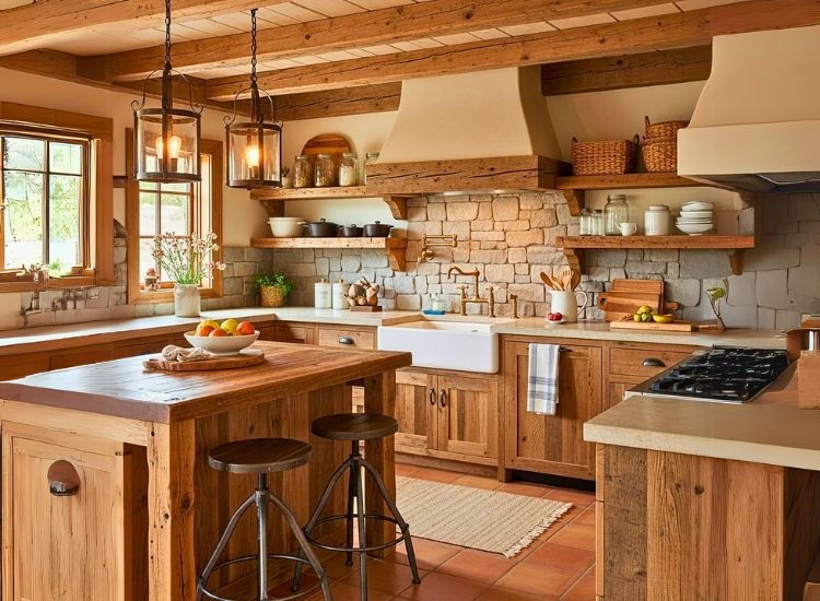 Rustic Kitchen Interior Design Warm rustic kitchen interior featuring natural textures with a blend of modular kitchen design and traditional kitchen design styles.