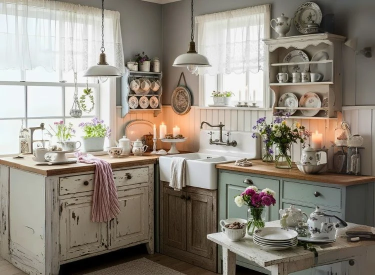 Shabby Chic Style Kitchen Design Cozy shabby-chic kitchen design combining vintage kitchen design style with modern modular kitchen design ideas.
