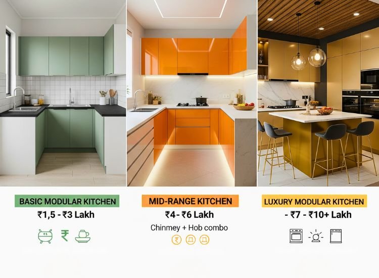 1. Whats the real cost of modular kitchen in India Stylish kitchen interior showing real modular kitchen cost in India with smart layout and modern finishes.