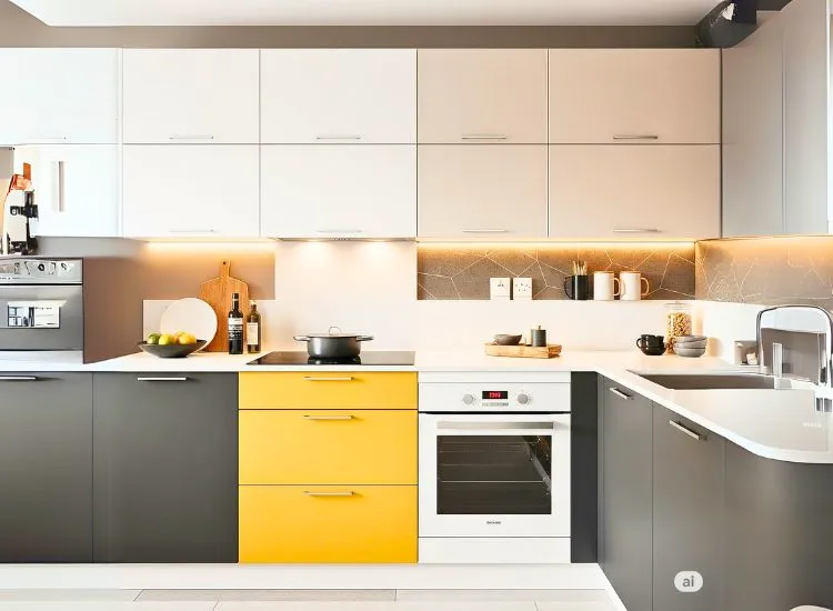10. Dual Tones Kitchen Dual-tone modular kitchen design combines two colors for a trendy and modern look in small kitchen spaces.