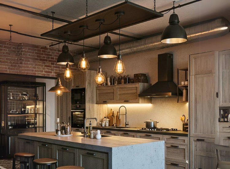 12. Industrial Kitchen Lighting design Industrial kitchen lighting design featuring raw metal pendant lights and exposed fixtures for a refined, charming kitchen light style.