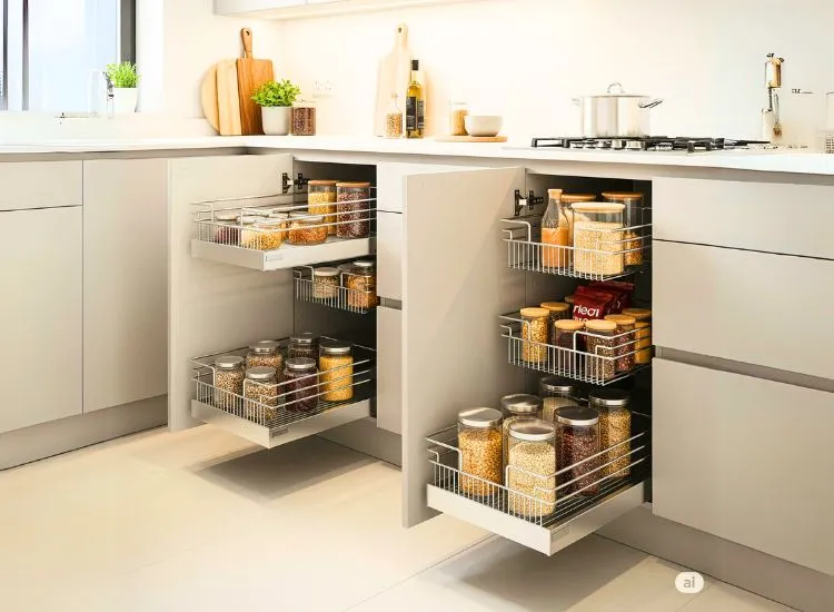 13. Pull Out Basket Pull-out baskets in modular kitchen design for easy storage and efficient use of small kitchen spaces.